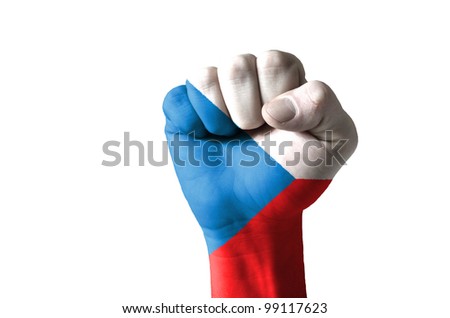 Low key picture of a fist painted in colors of czech flag