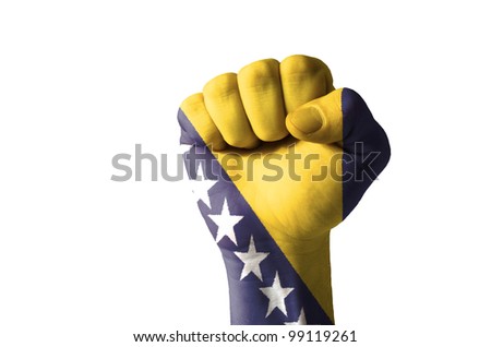 Low key picture of a fist painted in colors of bosnia and herzegovina flag