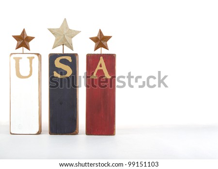 Patriotic USA United States of America sign, firework made of wood and metal, on white