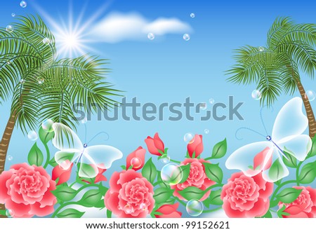 Landscape with palm trees, flowers and transparent butterflies