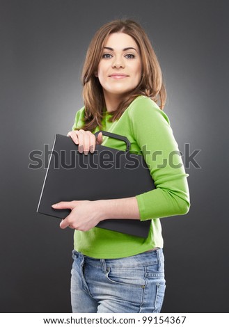 Student woman isolated over gray background