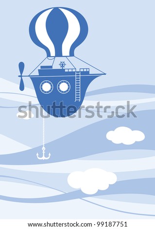 Vector illustration of the flying ship. The boat is soaring in the sky like a balloon.