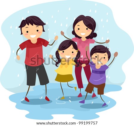 Illustration of a Family Playing in the Rain