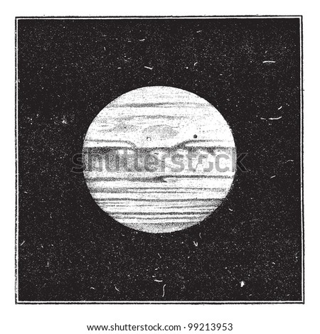 Aspect of Jupiter in December 1885 with a satellite passing the disc, vintage engraved illustration. Dictionary of words and things - Larive and Fleury - 1895.