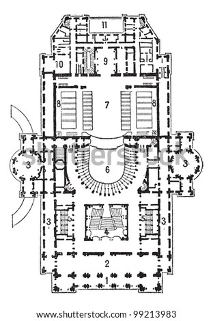 Plan of theater of opera, Paris, vintage engraved illustration. Dictionary of words and things - Larive and Fleury - 1895.