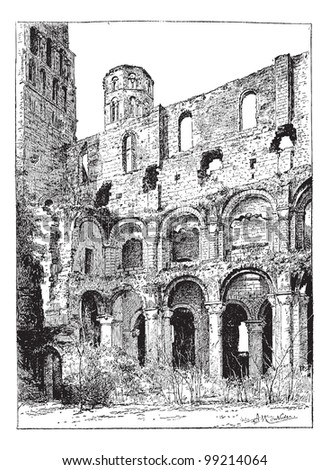 Ruins of the Abbey of Jumieges, vintage engraved illustration. Dictionary of words and things - Larive and Fleury - 1895.