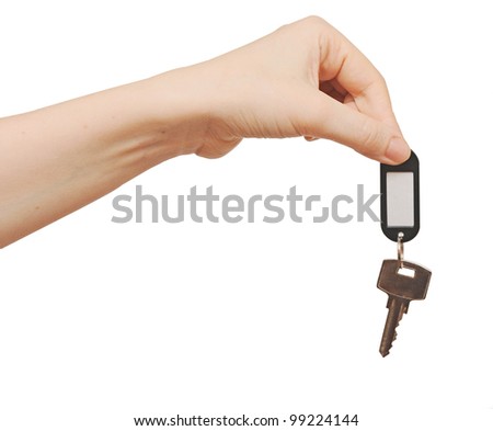 silver key with blank tag in hand isolated on white  space for your text