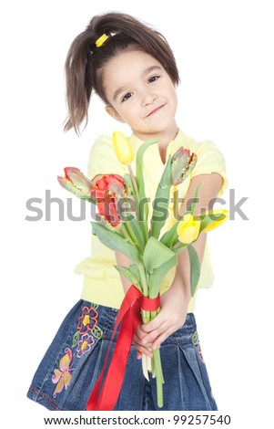 Picture of a pretty young girl with colorful tulips over white background