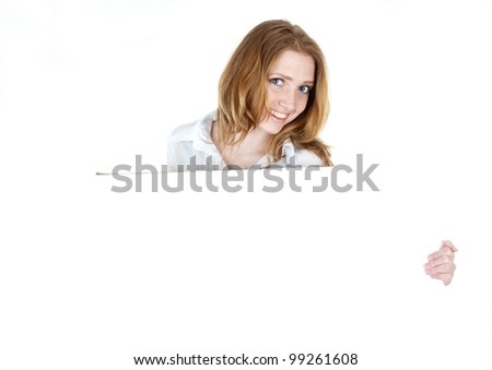business woman displaying a banner add isolated over a white background