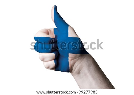 Hand with thumb up gesture colored in finland national flag as symbol of excellence, achievement, good, - useful for tourism and touristic advertising