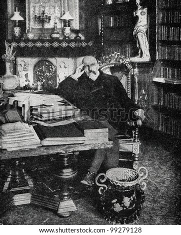 German writer Friedrich von Spielhagen in his office. Autotype by "Niva". Published in magazine "Niva", publishing house A.F. Marx, St. Petersburg, Russia, 1899
