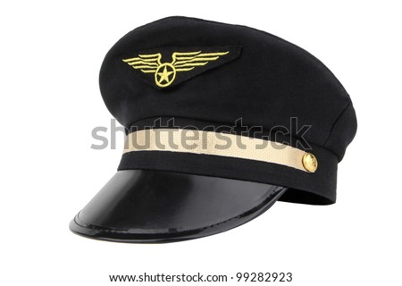 hat of airline pilots with gold insignia, isolated on a white background Royalty-Free Stock Photo #99282923