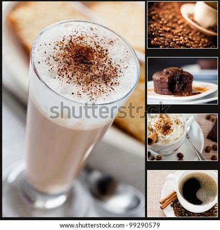 Collage of five photographs of coffee and cake