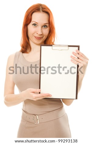 Happy  woman showing blank signboard, isolated over white background