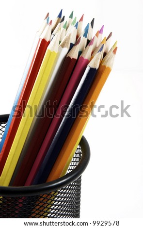 Bunch of color pencils on white background
