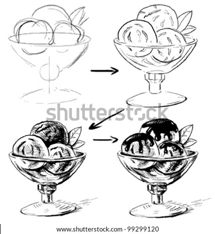 Ice cream in glass bowl. Sketching working process. Hand drawing sketch vector illustration