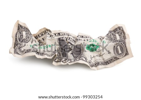 Crumpled one dollar bill in on a white background
