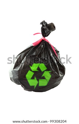 Black plastic garbage bag and recycle sign on white background.