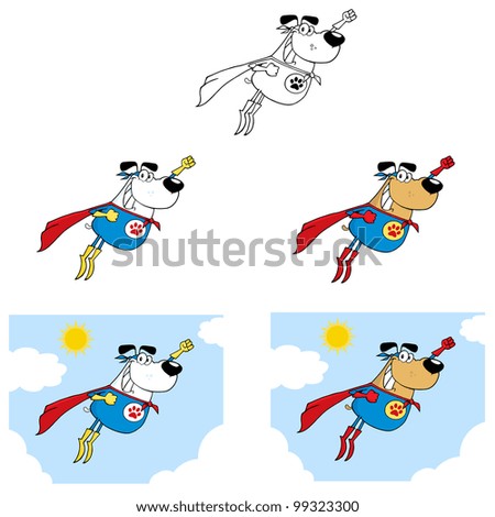 Super Hero Dog Flying In Sky. Vector Collection