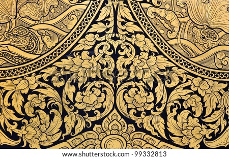 Floral Thai art on temple door Royalty-Free Stock Photo #99332813