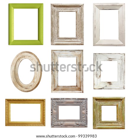Collection of shabby chic distressed picture frames, isolated.
