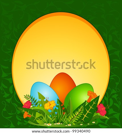 Eggs in grass and flowers. Easter vector card