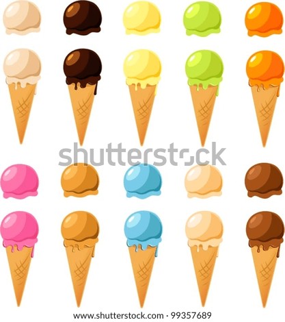 Vector illustration of various ice cream cones plus additional scoops Royalty-Free Stock Photo #99357689