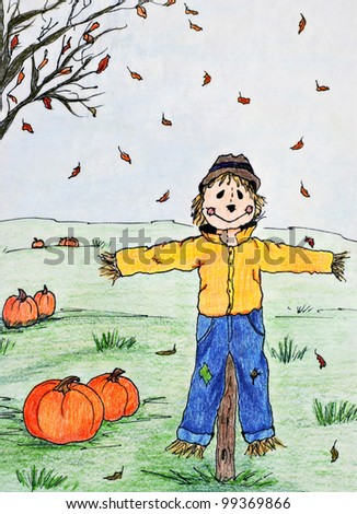 Whimsical drawing of scarecrow in pumpkin patch with falling leaves.  Photograph of artwork done in colored pencil and marker on paper.