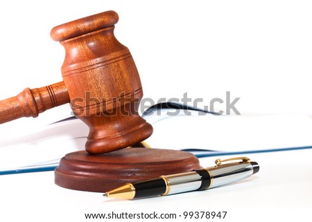 The book, pen and gavel on white background