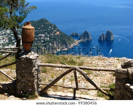 Beautiful view of a bay and Faraglioni.Capri Island, Campania, Italy