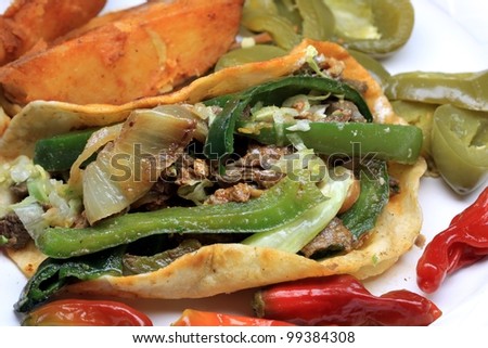 Fajitas - overhead shot of mexican food steak taco wrap