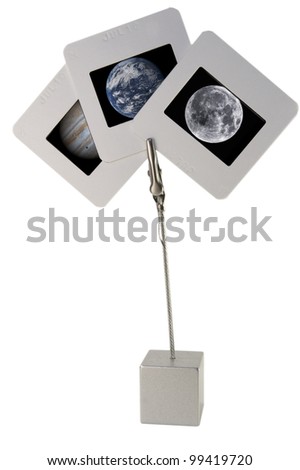 Three slide photographs containing images of Earth, Jupiter and the Moon. Elements of this image furnished by NASA