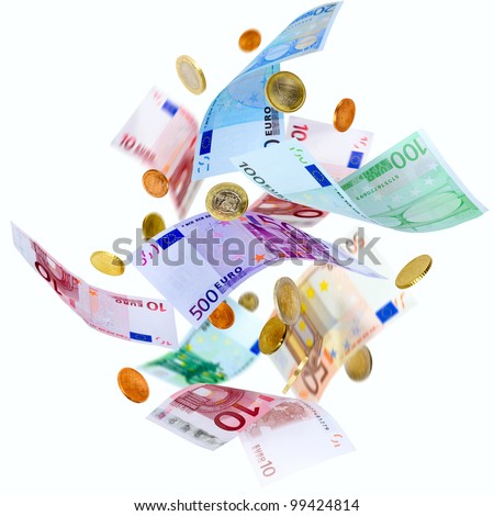 Falling Euro banknotes and coins isolated on white
