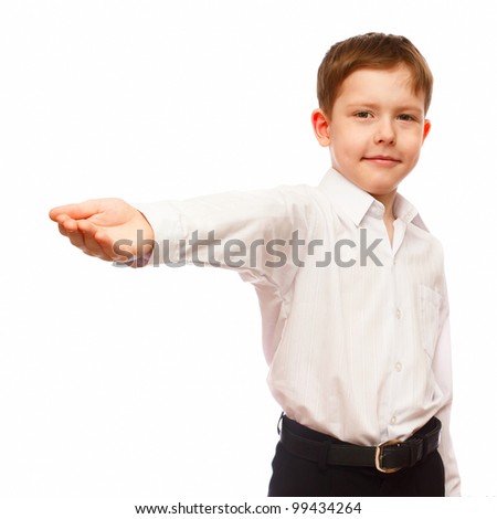 German businessman, boy 7 years old blonde holds her hand outstretched hand isolated on white background