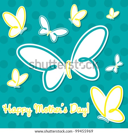 Aqua and yellow butterfly "Happy Mother's Day" sticker card in vector format.