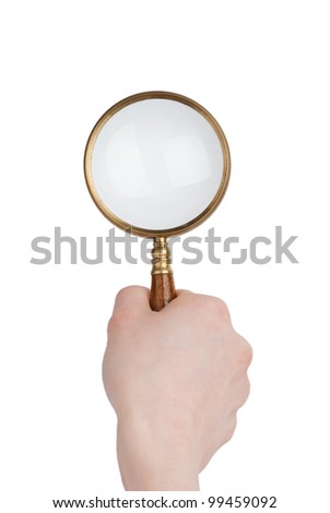 Magnifier in hand isolated on white background