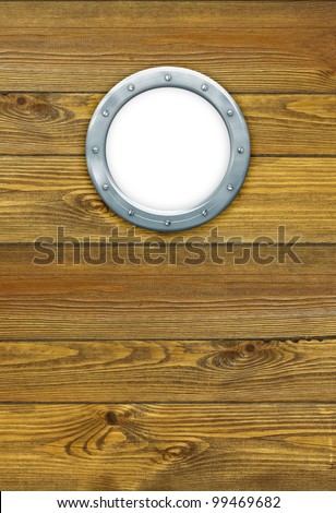 Ship porthole - hole frame, isolated on white. Ship window on the old nautical vessel. Round hole with metal frame on the wooden wall at the yacht.