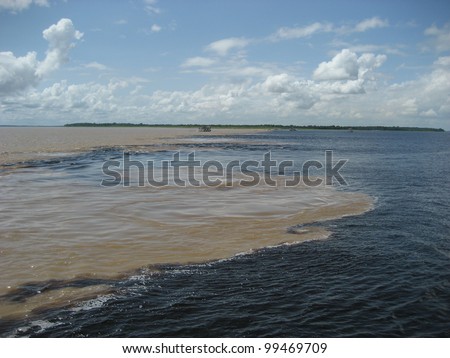 The Meeting of Waters (Portuguese: Encontro das Aguas) is the confluence between the Rio Negro, a river with dark (almost black coloured) water, and the sandy-coloured Amazon River or Rio Solimoes.