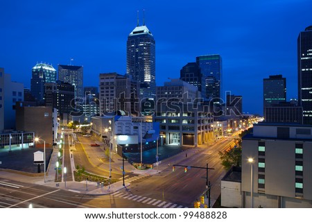 Indianapolis. Image of the Indianapolis skyline and streets during twilight blue hour.