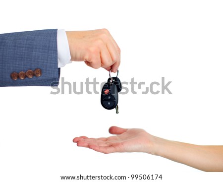 Hand with a Car keys. Isolated on white background.