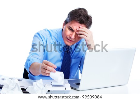 Accountant businessman having a stress.  Isolated on white background.