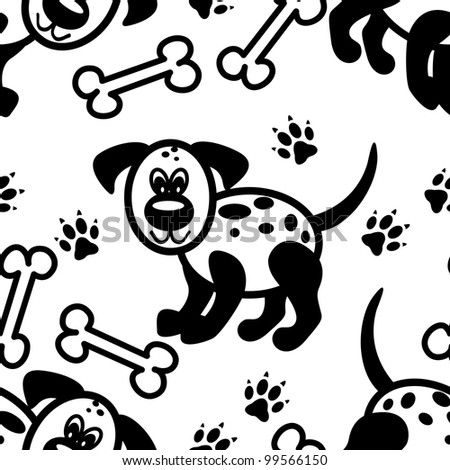 Seamless pattern of  cute and fun little black and white cartoon dog with bones and paw prints.
