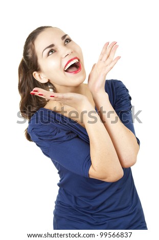 surprised young woman with hands near face, white background