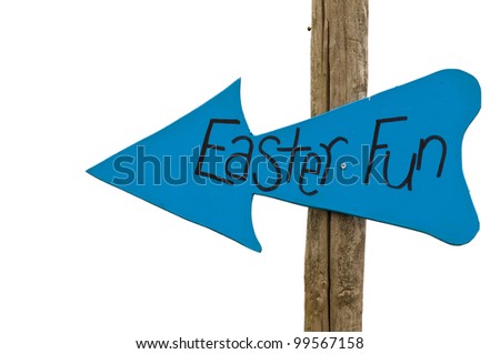 blue arrow indicating easter fun to the left (isolated on white background)