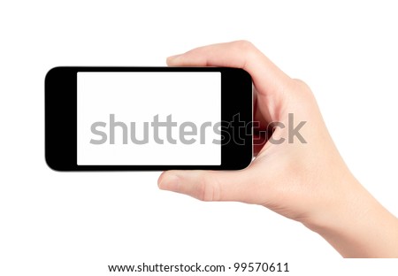 Hand holding mobile smart phone with blank screen. Isolated on white. Royalty-Free Stock Photo #99570611