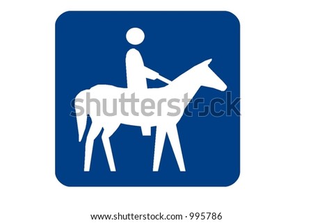 Blue square Recreational Sign with the international symbol for Horseback Riding displayed and isolated on a white background