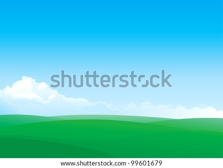 Summer landscape of green fields and blue sky with white Clouds
