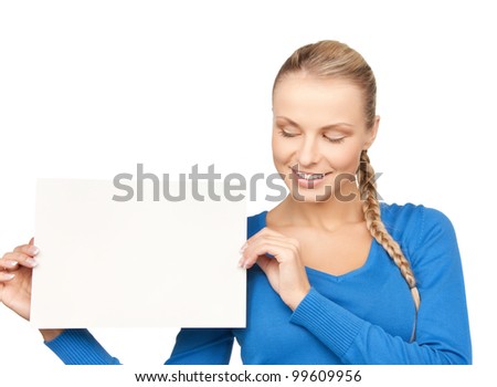 bright picture of confident woman with blank board
