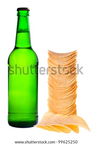 A bottle of beer and chips. Photographed on a white background.