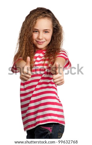 Portrait of girl giving you thumbs up isolated on white background
